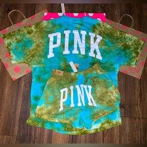 NEW VS PINK SIZE SMALL GREEN AND BLUE TIE DYE VARSITY SET.